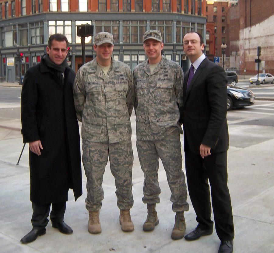 Boston City Councilor Mike Ross (far left), two heroes he helped with their home purchases (middle), and Paul Campano (far right) at the ribbon cutting kick-off Homes for Heroes entrance into Massachusetts.