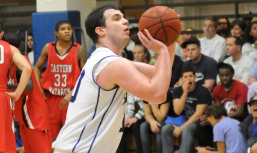 Junior forward Colin Halpin and the Rams won their first match of the season Tuesday against Eastern Nazarene College 67-64. 