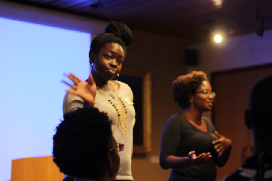 Lola Akintobi and Linsee Redmond speaking at Harvard University Saturday
(Photo by Jonathan Acosta Abi Hassan)