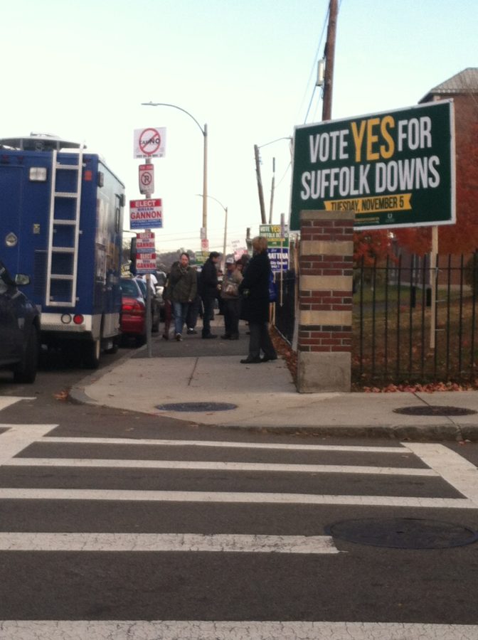 Voters outside East Boston High School Tuesday morning 
(Photo by Melissa Hanson)