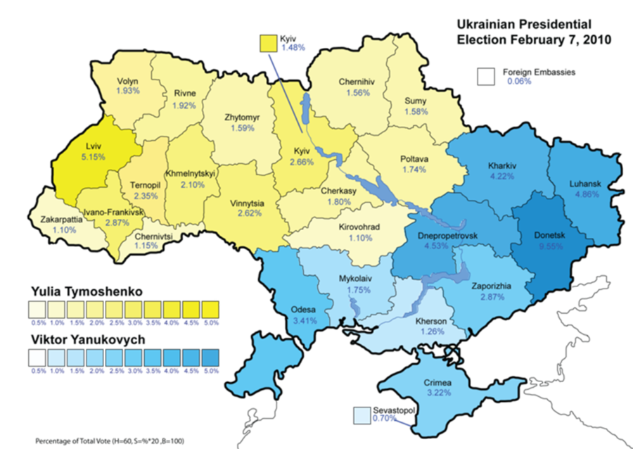 The results of Ukraines 2010 presidential election by region. This map highlights the ethnic and political divisions within Ukraine, with pro-Russian candidate Yanukovych represented in blue, and opposition candidate Yulia Tymoshenko represented in yellow.
(Photo courtesy of Wikimedia Commons)