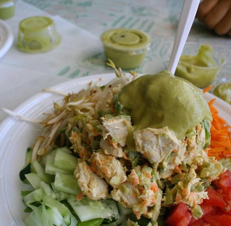 Paleo Diet-friendly chicken salad on a bed of vegetables with an avacado-lime dressing prepared by News Editor Thalia Yunen.
(Photo by Thalia Yunen)