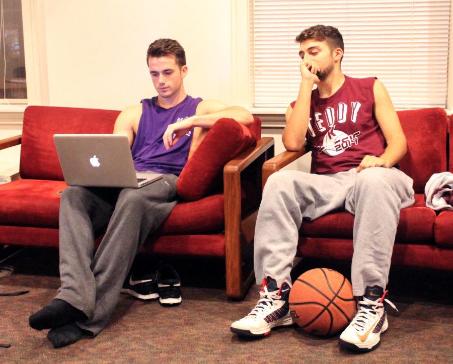 Jonathan Acosta Abi Hassan/Journal Staff 

Jeff Kelly and Alex Ypsilantis of the mens soccer team relax in the Ridgeway building while studying in their spare time.    