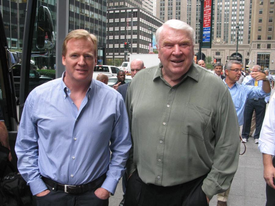 NFL Commissioner Roger Goodell (left) next to football great John Madden. Goodell has come under fire in recent months, especially for his handling of the Ray Rice domestic violence incident. 
(By Flickr user Andrew Dallos)