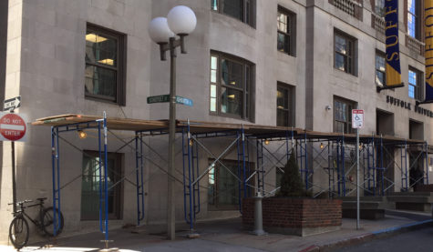 Scaffolding on Sawyer up as safety precaution for missing mortar between bricks