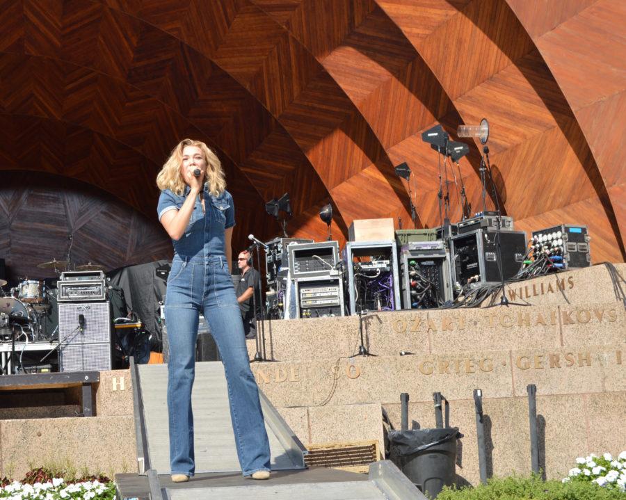 “Fight Song” singer Rachel Platten utilized the entire stage at the DCR Memorial Hatch Shell to give fans a more personal experience. Brigitte Carreiro/Journal Staff.