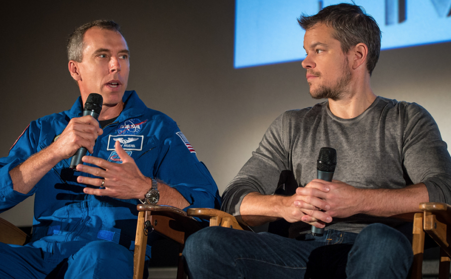 Matt Damon  spoke with NASA Astronaut Drew Feustel at a Q&A in August about human exploration of Mars in 2030. Courtesy of The Martian’s Facebook