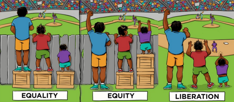 This graphic, also used during the training, depicts the difference between equality, equity, and liberation. Equality is when everyone gets the same thing, equity is when everyone is given different things to achieve the same goal, and liberation is when everyone is given equal opportunity. 