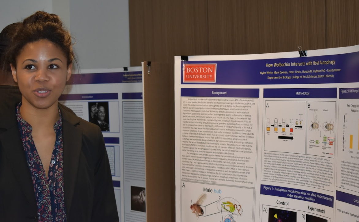 McNair Scholar and Biology major Taylor White explained her research project that 
was conducted at Boston University’s Biology department on how wolbachia interacts 
with host autophagy at the McNair Symposium on Friday.


Alexa Gagosz | Editor-in-Chief