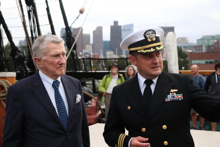 Former Navy Secretary John Lehman (left) with Commanding Officer Nathaniel R. Shick