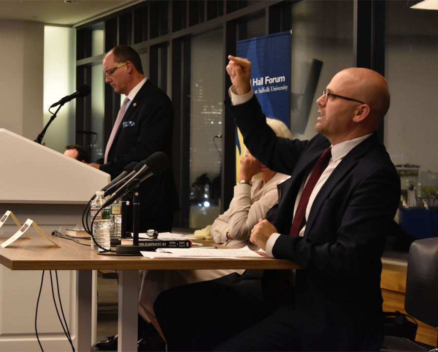 (From Left) Suffolk University Acting Provost Sebastian Royo and author Daniel Ziblatt, speak at the Ford Hall Forum event about threats to America’s democracy