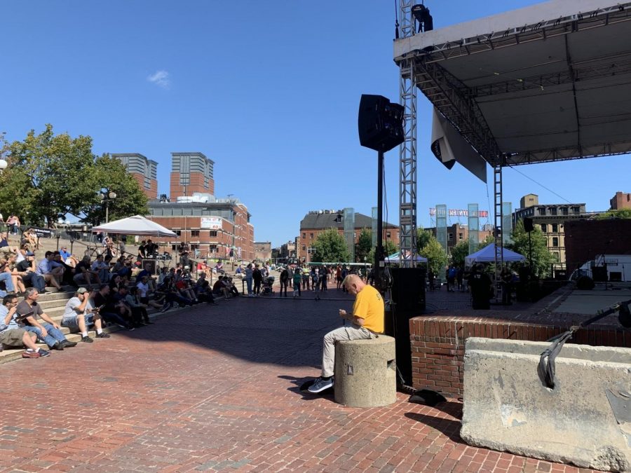 Crowds gathering on the steps of City Hall Plaza last weekend as the inaugural Boston Local Music Festival kicked off downtown