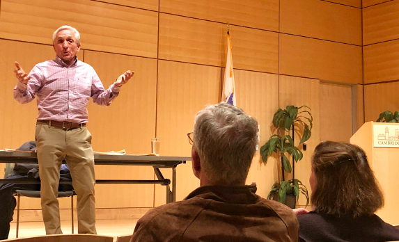 The proprietor of the Brattle Book Shop, Kenneth Gloss, speaks to his guests at the
Cambridge Public Library on Feb. 12.