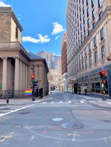 The empty intersection of School St and Tremont St in Downtown Boston. 