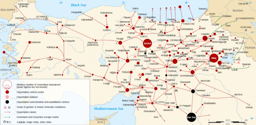Map of systematic deportations and massacres of Armenians and other Christian peoples in the late Ottoman Empire