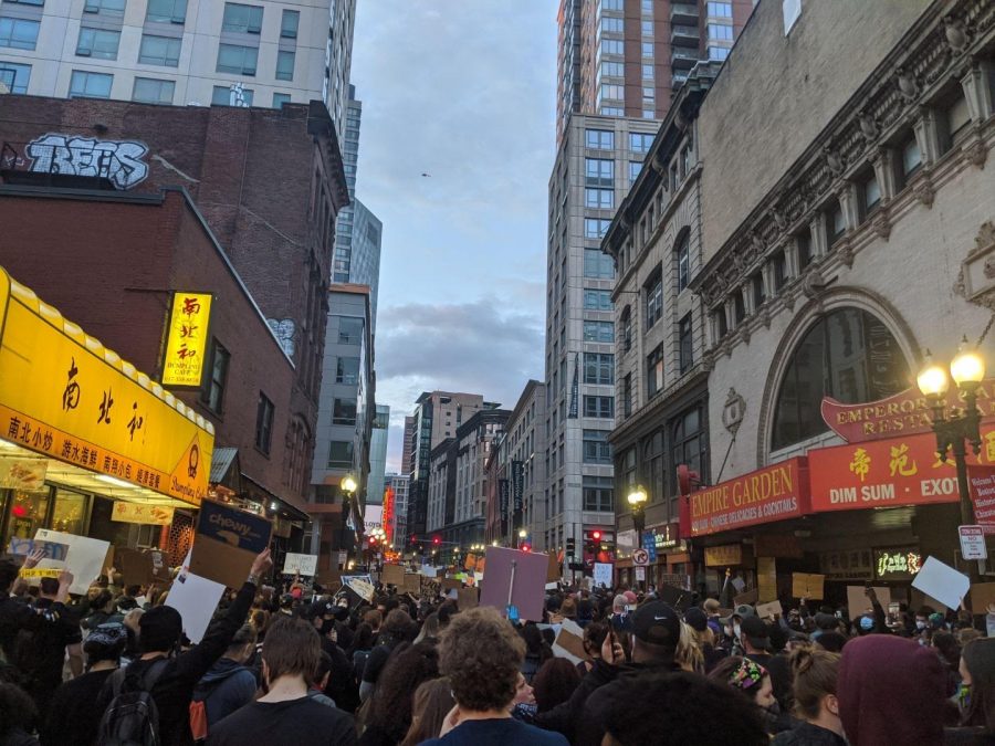 Protestors at a racial justice protest in Boston on May 31, 2020. 