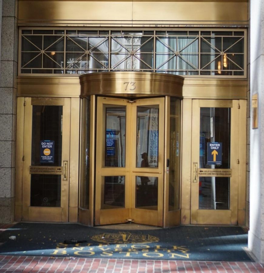 The main entrance to Suffolk Universitys Stahl Building at 73 Tremont St. 