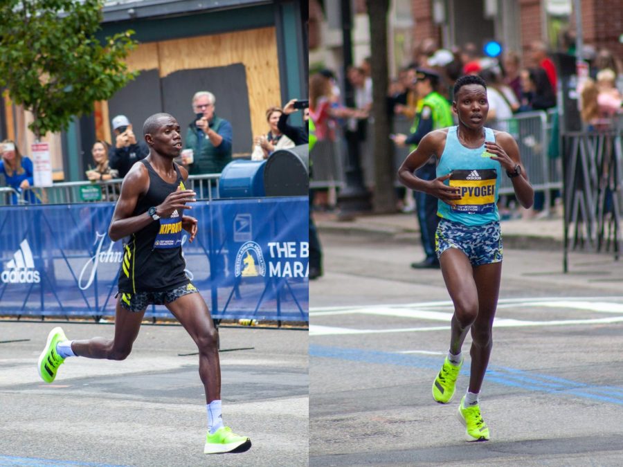 2021+Boston+Marathon+winners+Benson+Kipruto+%28left%29+and+Diana+Kipyogei+%28right%29+cross+the+finish+line