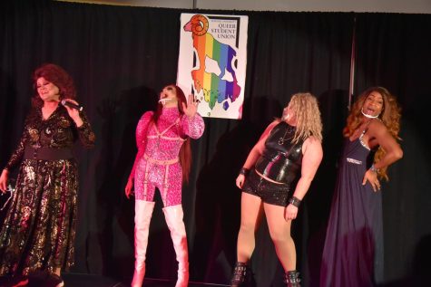 Crystal Crawford, Shakaren, Travis Ti Stone and Lilly Rose Valore on stage at the QSU drag show last Wednesday. 