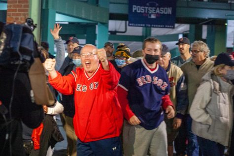 Red Sox fans celebrate the game 4 win over Tampa Bay monday night outside of Fenway Park