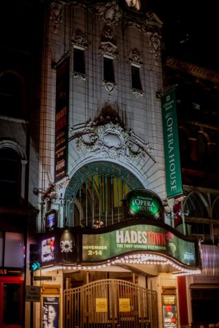 The Citizens Bank Opera House in Downtown Crossing sparkles with its Hadestown display.