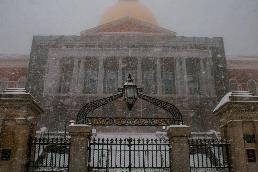 The Massachusetts State House during the snowstorm Saturday.