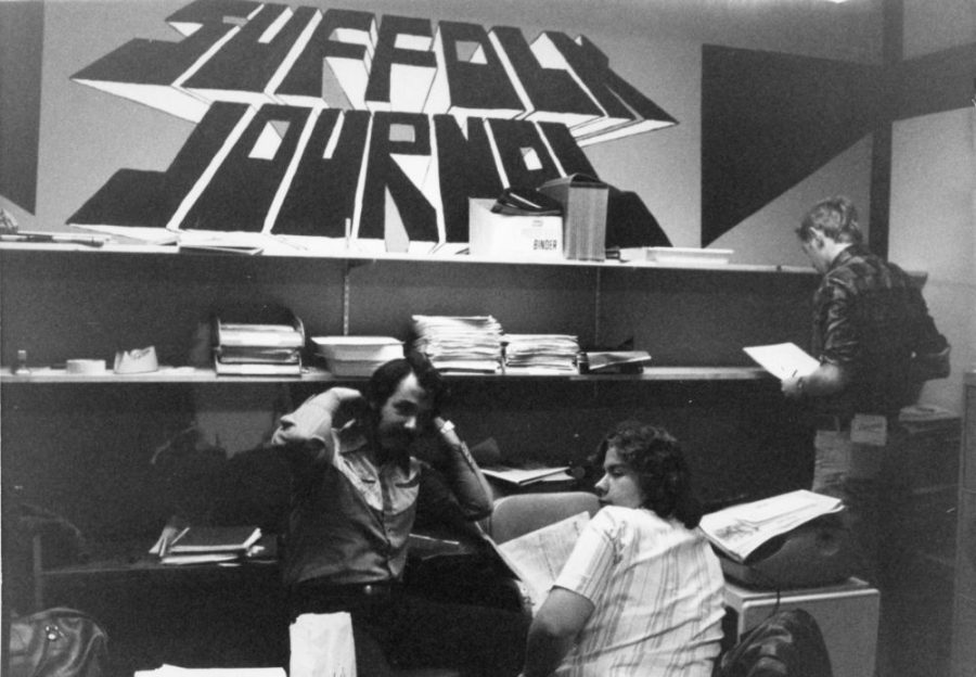 Students hanging out in The Suffolk Journal Office, 1978.