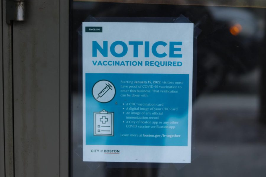 Vaccination sign outside Thinking Cup Cafe on Tremont Street.