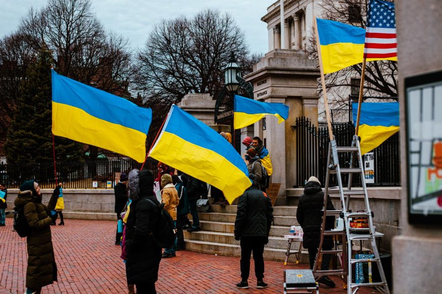 Ukraine supporters demonstrate outside of the MA statehouse.