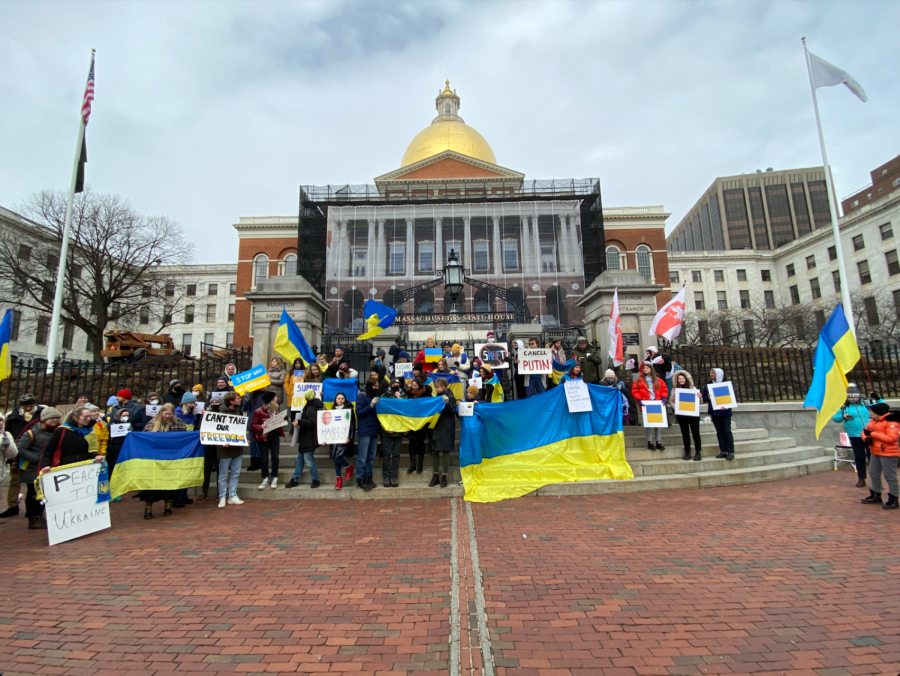 Protestors gather outside of the Massachusetts State House to support Ukraine and protest the Russian invasion. 