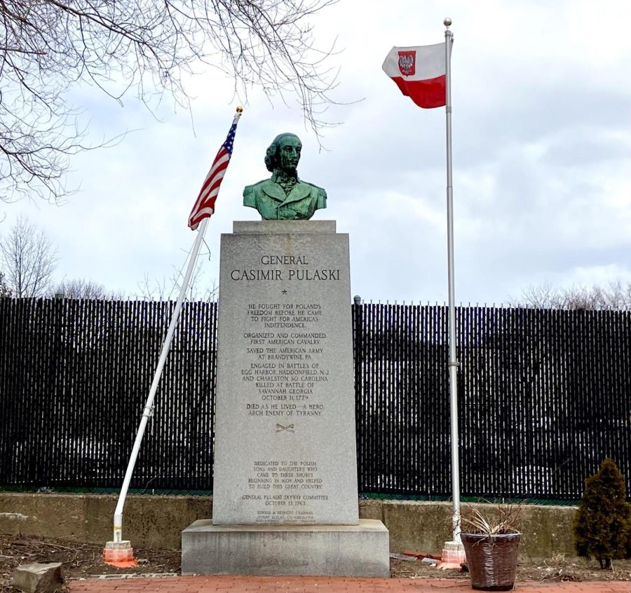Memorial outside the Polish-American Citizens Club in South Boston dedicated to Gen. Kazimierz “Casimir” Pułaski, a hero of both the Polish and American independence movements.