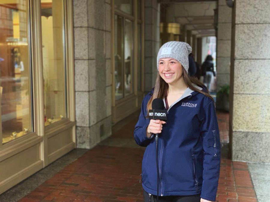 Arroyo outside of Suffolk's 73 Tremont building during her time as a Suffolk in the City reporter.