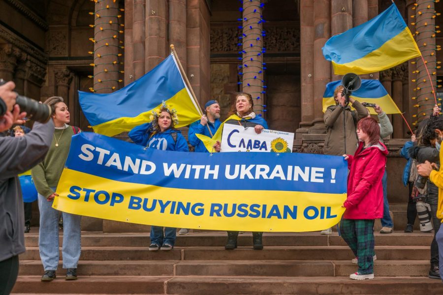 Protesters gather in Boston in support of Ukraine.   