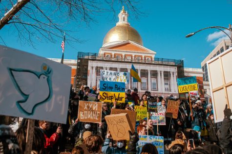 Demonstrators rally in support of Ukraine outside of the MA statehouse Sunday. 