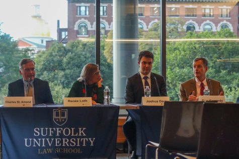 Ford Hall Forum panel (left to right) Charles St. Amand, Renee Loth, Joshua Darr and Dan Kennedy.