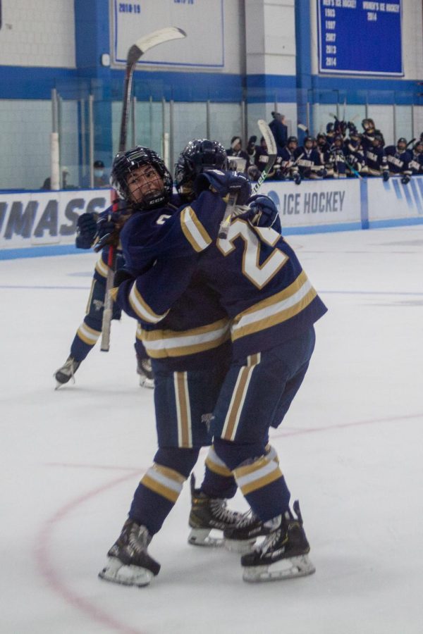 Stephanie+Moy+and+Jessie+Kennedy+celebrate+a+goal+during+a+matchup+against+UMass+Boston+last+year.