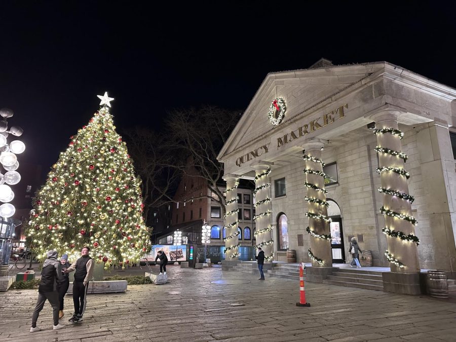 Faneuil Hall gets festive with its annual Christmas tree and decorated Quincy Market.