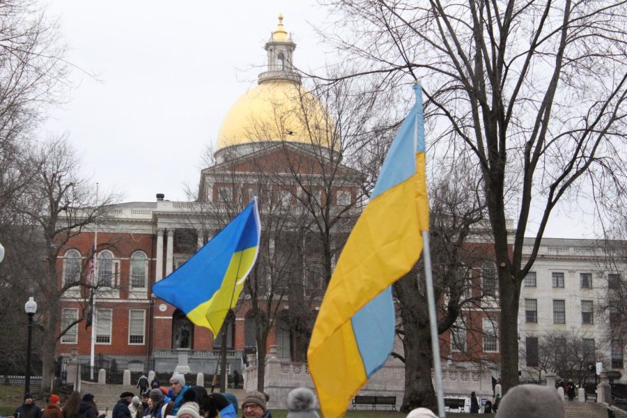 Demonstrators hold flags in support of Ukraine Jan. 22, 2023.