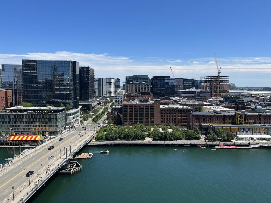 Bostons Seaport District is seen from an observatory in July, 2022. The Boston Harbor is likely to see about 3.4 feet of seal level rise by the end of the century. 