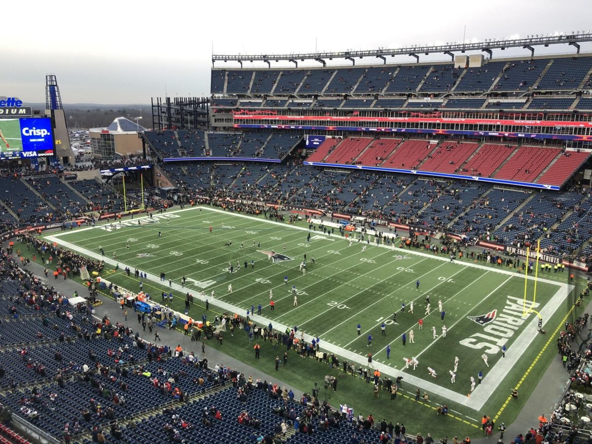 Fans file into Gillette Stadium before the Patriots play the Bills in 2019. 