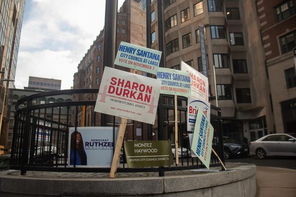 Campaign signs displayed near Sawyer. Bostonians elected a new City Council Nov. 7.
