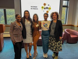 Morgan Austin, Samiha Al-Sabbagh, Angela Christoforos, Elainy Mata and Shoshana Madmoni-Gerber pose for a picture at the Women In Media panel.