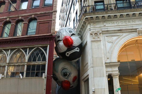 One Winteractive exhibit, titled Endgame (Nagg & Nell), features two clown heads between Suffolk Universitys Modern Theatre and the former Felt nightclub.