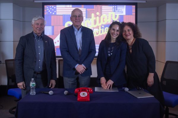 (Left to right) Former Congressmen Fred Upton, Joe Hoeffel, Professor Rachael Cobb and Professor Shoshana Madmoni-Gerber at a live recording of the Election Connection podcast.