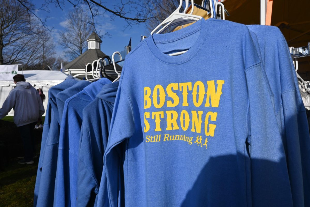 Boston Strong merchandise being sold at the starting line of the Boston Marathon. 