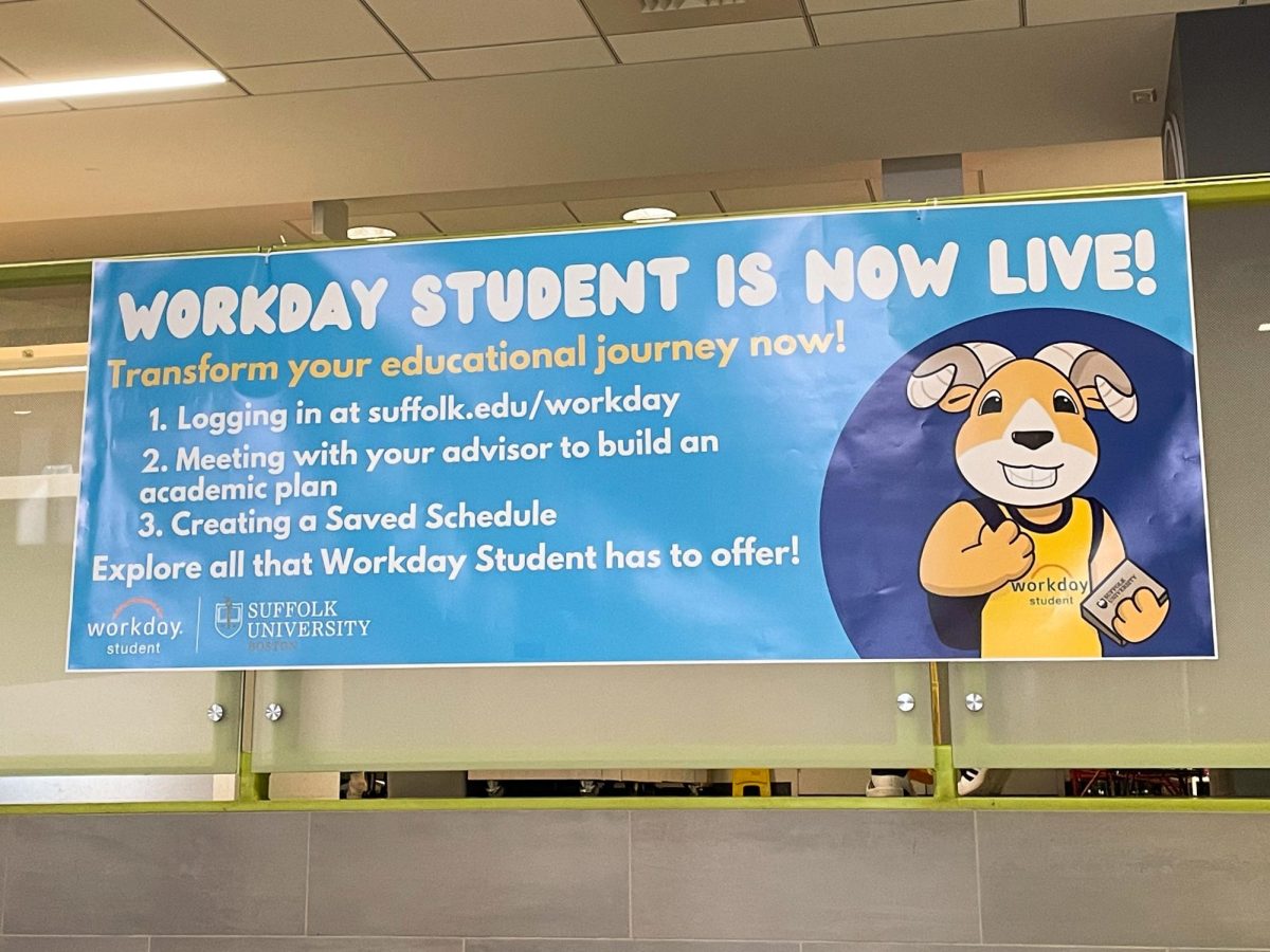 A banner displaying the features of Workday Student in the Sawyer lobby.