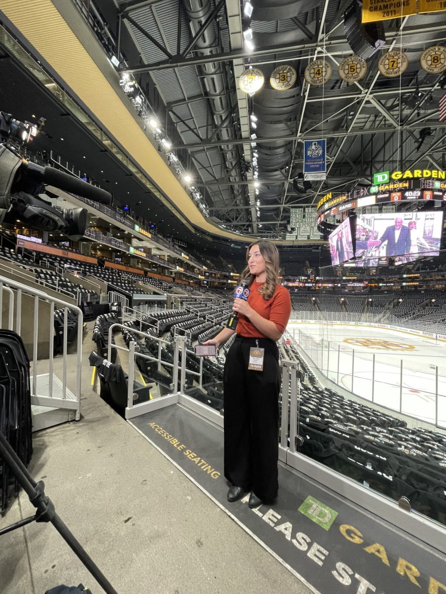Senior Julia Simone reports from the TD Garden as part of an internship at Channel 7.