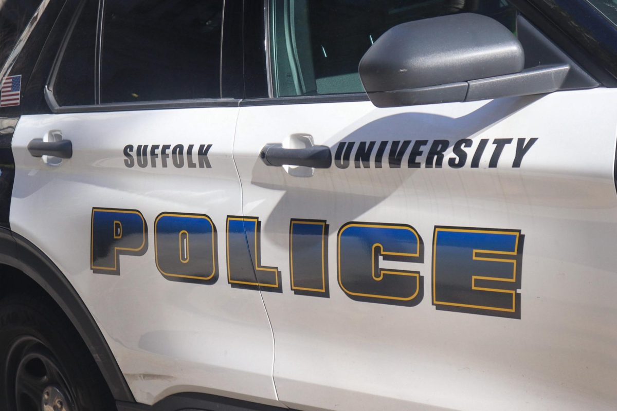 Suffolk University Police Department vehicle outside Samia Academic Center.