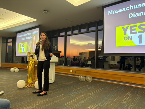 State auditor Diana DiZoglio speaks in Sargent Hall about Massachusetts ballot Question One.