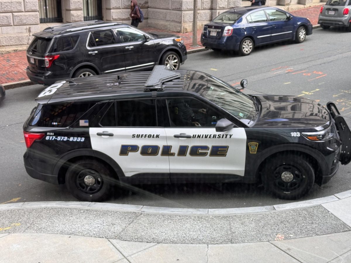 A Suffolk University Police Department cruiser outside Samia.